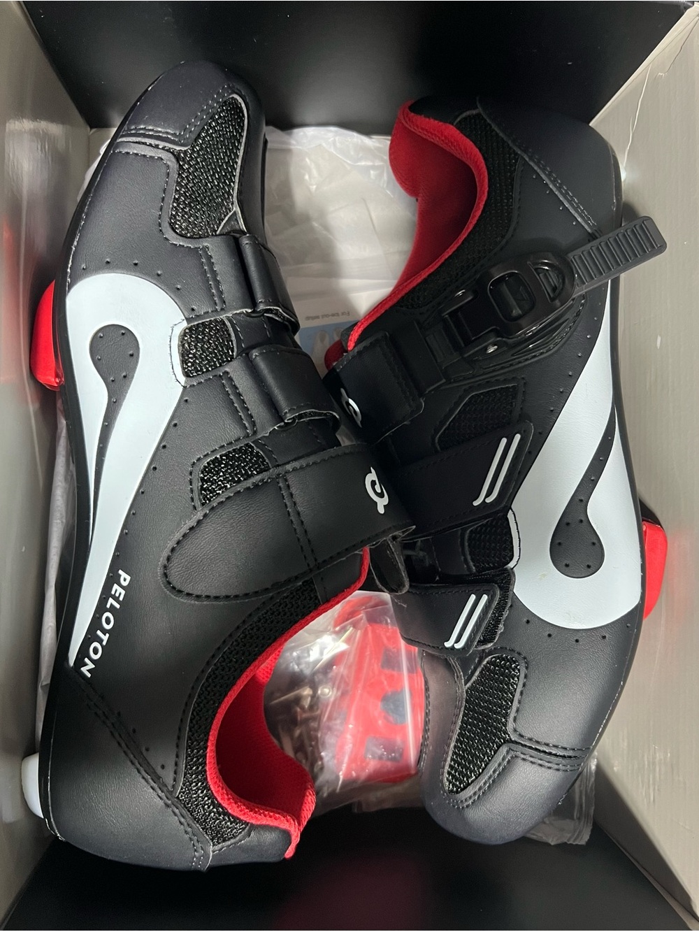 9.5 Men’s (43 EU) Peloton Black and Red Men's Cycling Shoes with White Accents